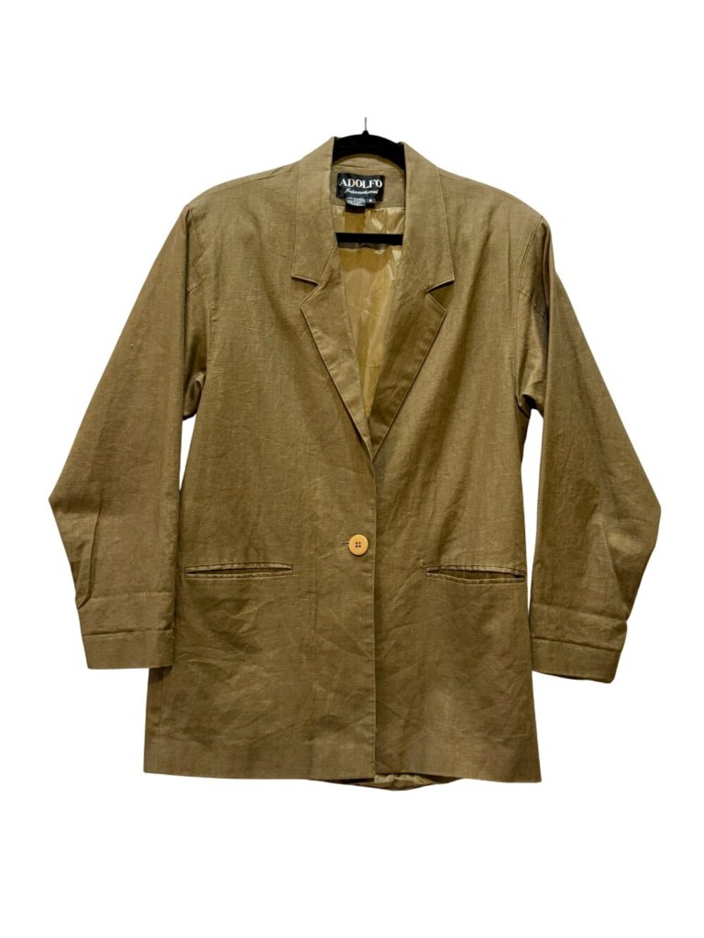 Adolfo Women's Khaki Linen Blazer Size 8 Single-Button Classic 90's Quiet Luxury